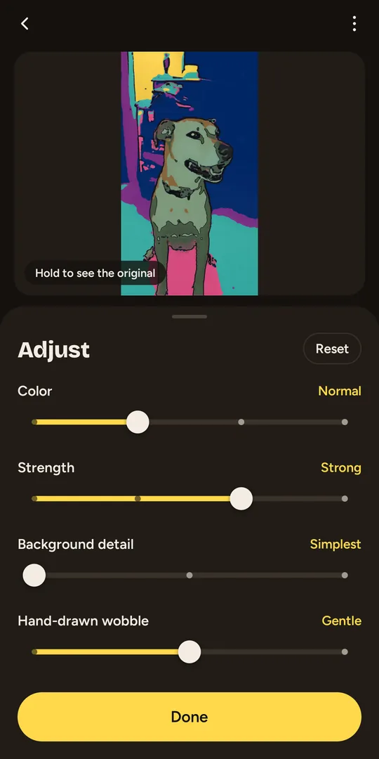 Adjust sliders for color, strength, background detail and hand-drawn wobble