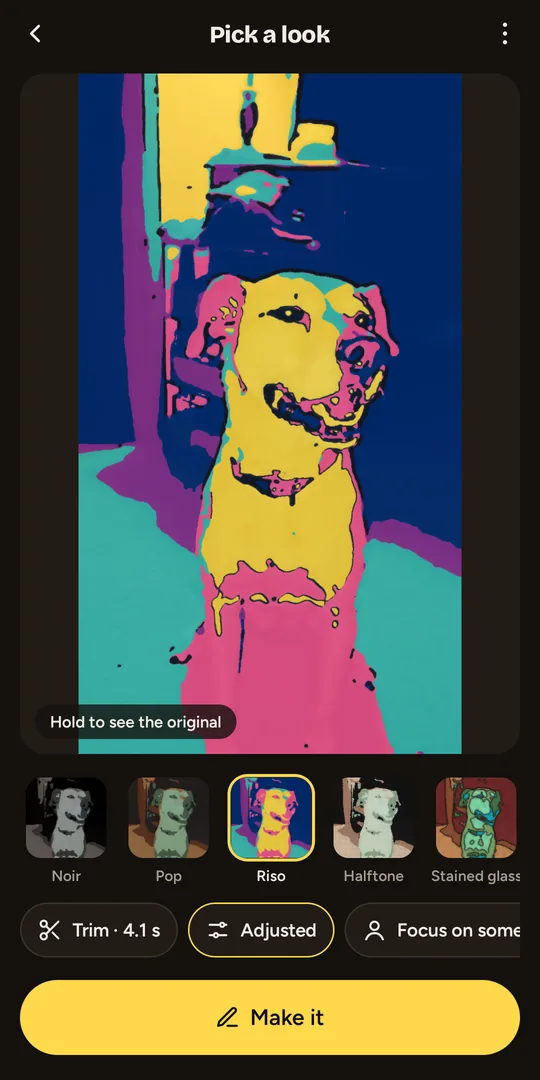 Inkflip redrawing a video of a dog in its bright Riso look